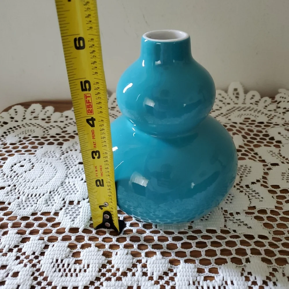 Crate & Barrel Vase ‘Yoko’ Double Gourd Turquoise Teal Blue Ceramic MCM 6”H